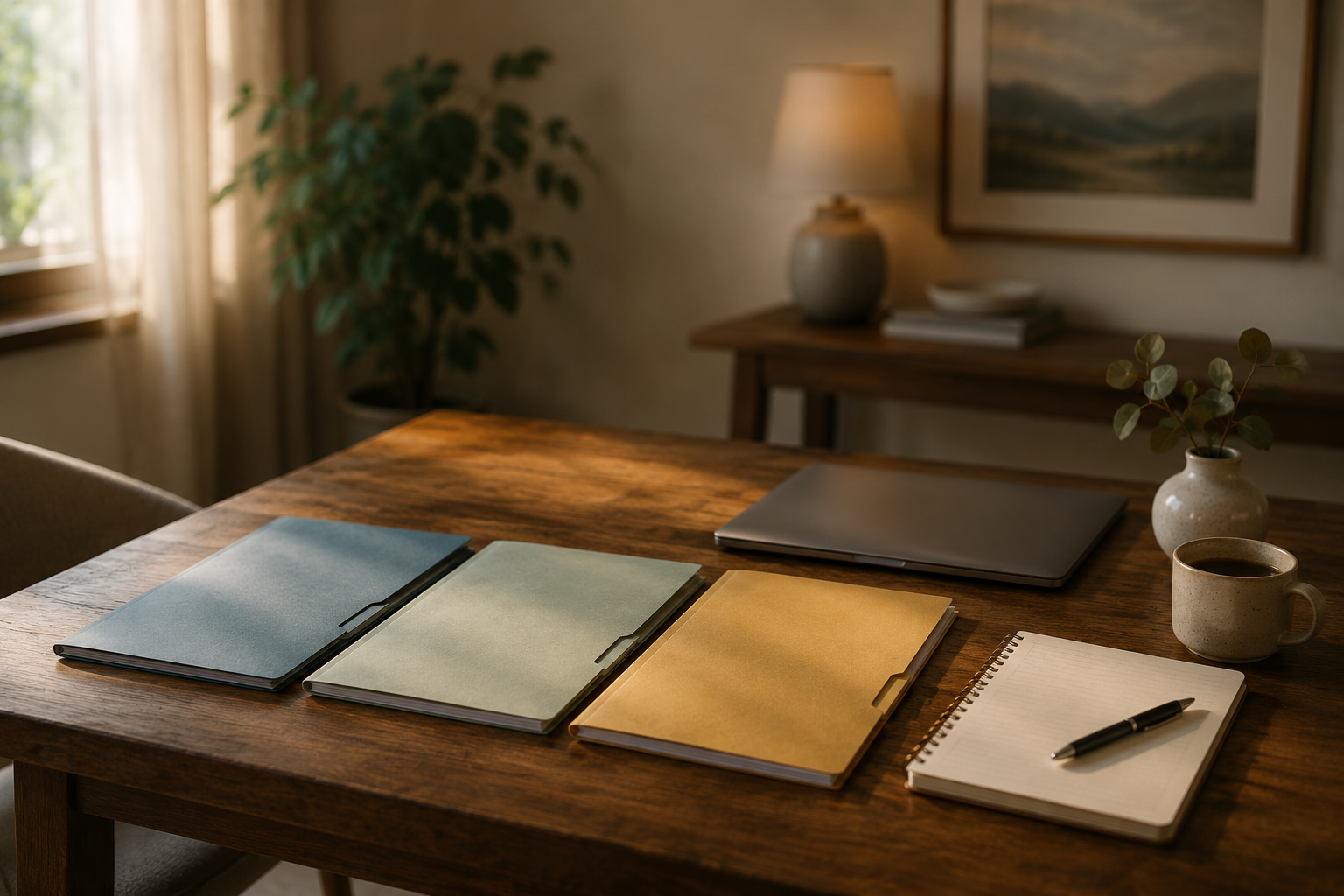 A calm, organized setting suggesting private written preparation and a more structured path through divorce decisions.